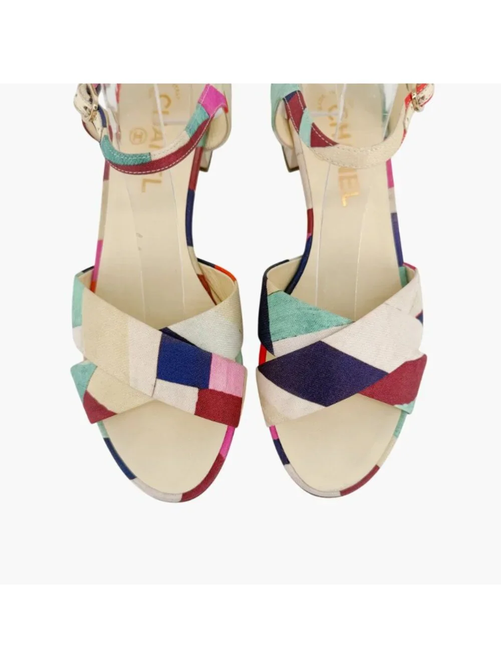 Chanel CC Patchwork Canvas Flower Block Heel Sandals Size 40 US 9-9.5 Multicolor